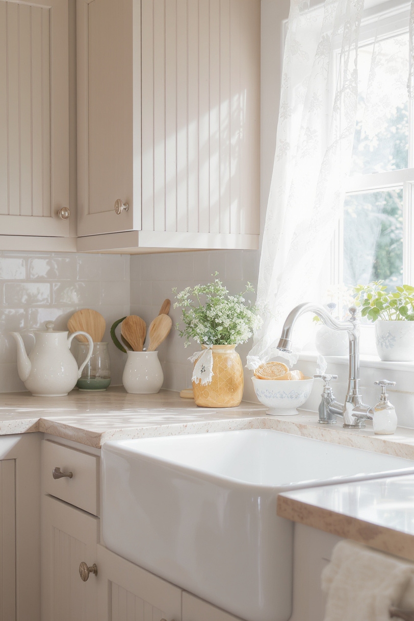 Taupe kitchen cabinets - Cottage-Style Warmth with Taupe Beadboard Cabinets - Kitchen with soft taupe beadboard cabinetry and vintage knobs