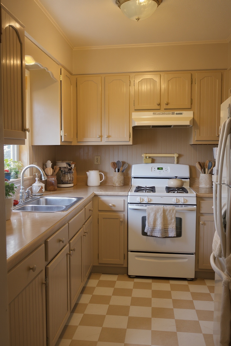 Taupe kitchen cabinets - Inviting Taupe Beadboard Kitchen Nook - Cozy kitchen with taupe beadboard cabinets and checkered floor
