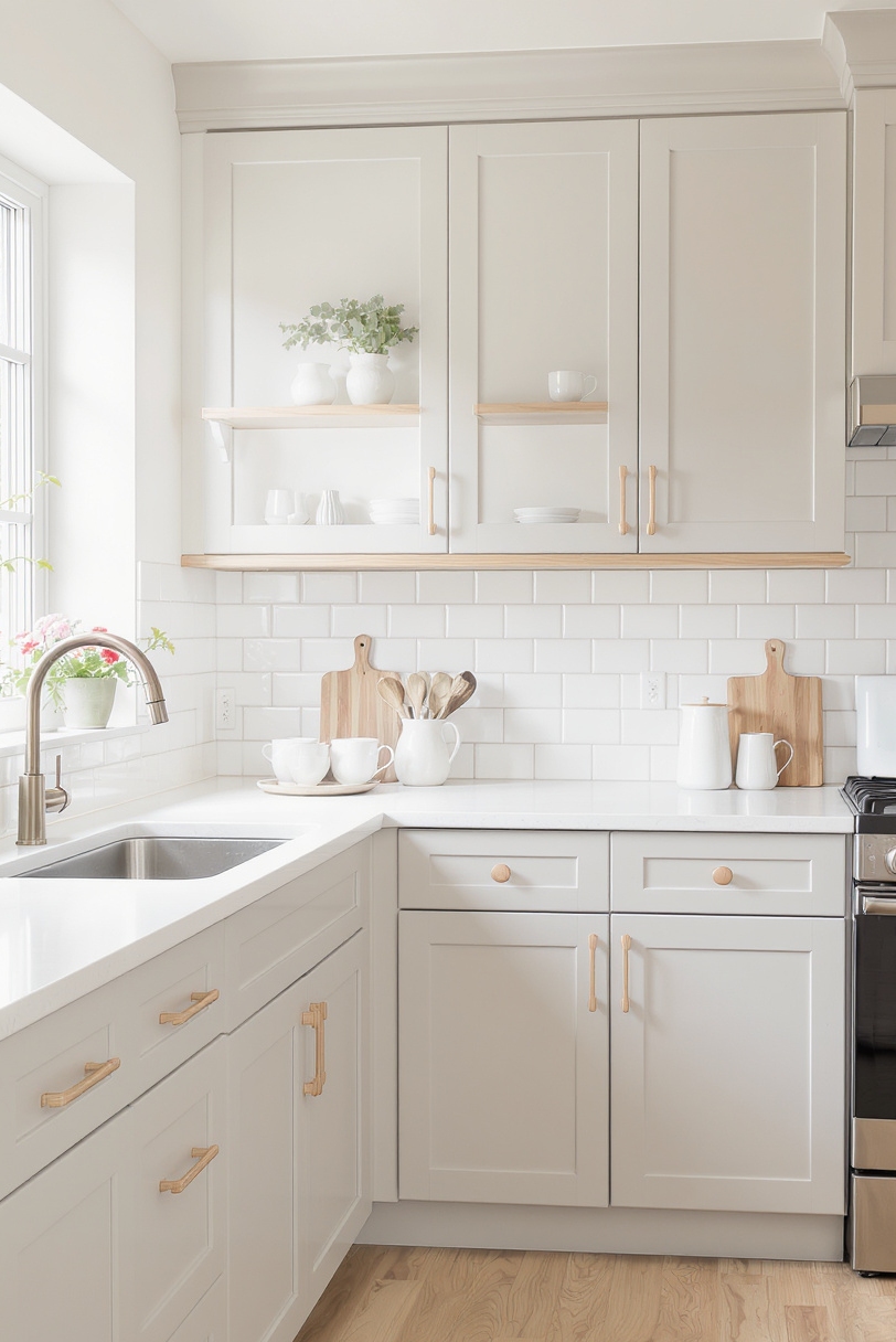 Taupe kitchen cabinets - Scandinavian-Inspired Taupe Serenity - Kitchen with pale taupe cabinets and white subway tile