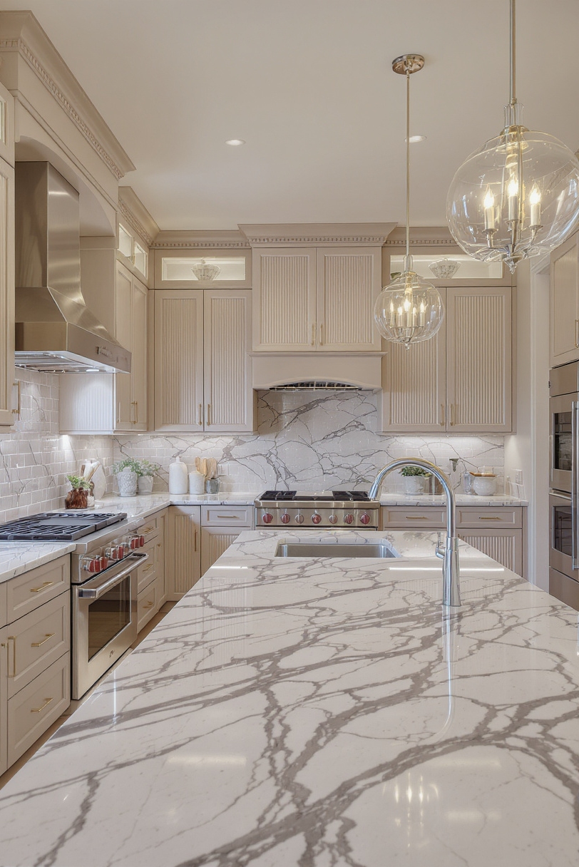 Taupe kitchen cabinets - Elegant Taupe Kitchens with Textured Details - Kitchen with reeded taupe cabinets and gray marble countertops