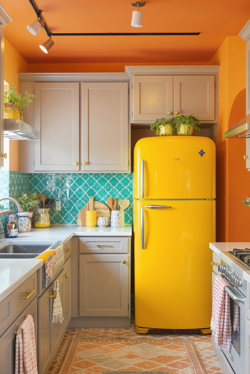 Taupe kitchen cabinets - Eclectic Energy: Taupe Cabinets as a Neutral Base - Kitchen with taupe cabinets and colorful retro accents