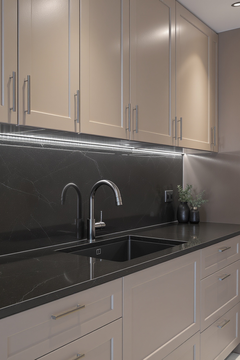 Taupe kitchen cabinets - Contemporary Chic: Taupe Cabinets with Bold Contrasts - Kitchen with taupe cabinets and black matte countertops