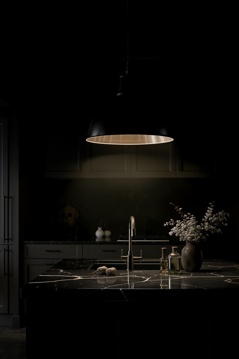 Taupe kitchen cabinets - Luxurious Depth: Dark Taupe and Black Accents - Kitchen with dark taupe cabinets and black soapstone countertops