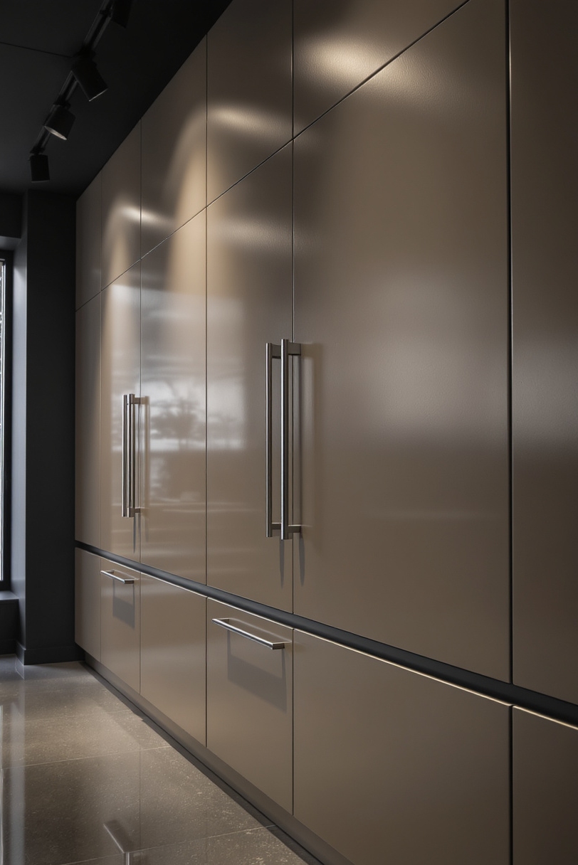 Taupe kitchen cabinets - Architectural Sophistication with Taupe Cabinets - Modern kitchen with handless taupe cabinets and dark countertops