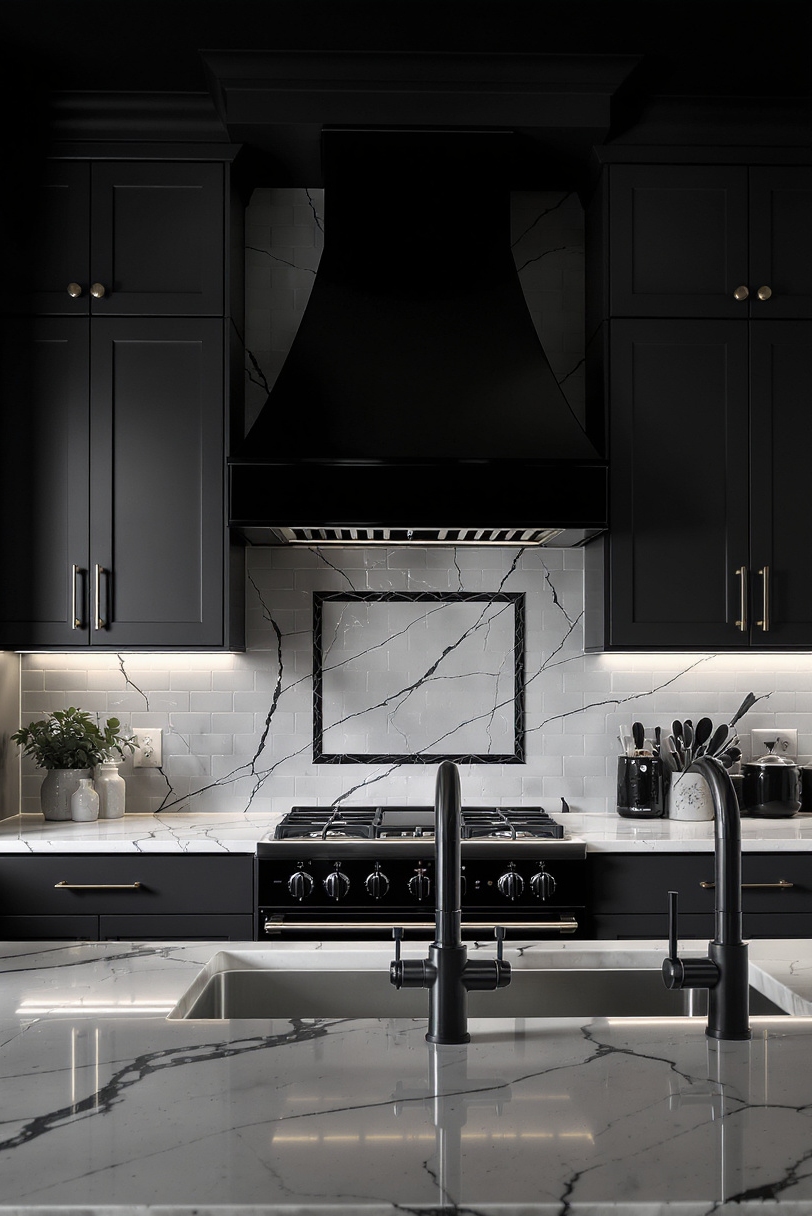Taupe kitchen cabinets - Powerful Statement: Dark Taupe Kitchen Cabinets - Kitchen with dark taupe cabinets and white marble countertops