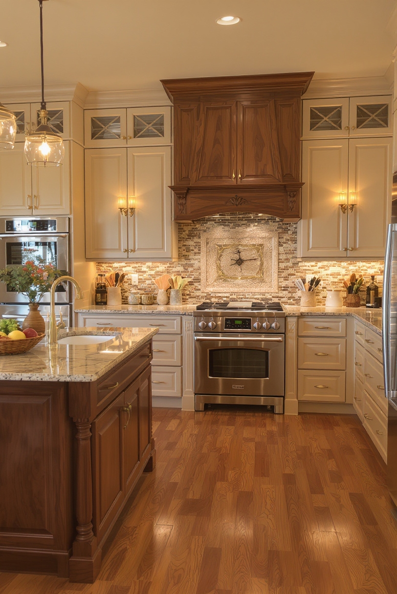 Taupe kitchen cabinets - Inviting Taupe Retreat with Rich Wood Accents - Kitchen with taupe raised-panel cabinets and mahogany island