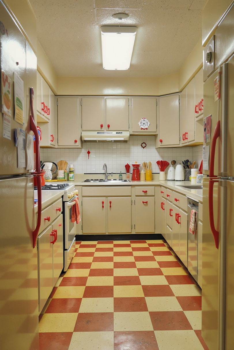 Taupe kitchen cabinets - Retro Vibes: Taupe Cabinets with Bold Red Accents - Kitchen with taupe cabinets and cherry red appliances