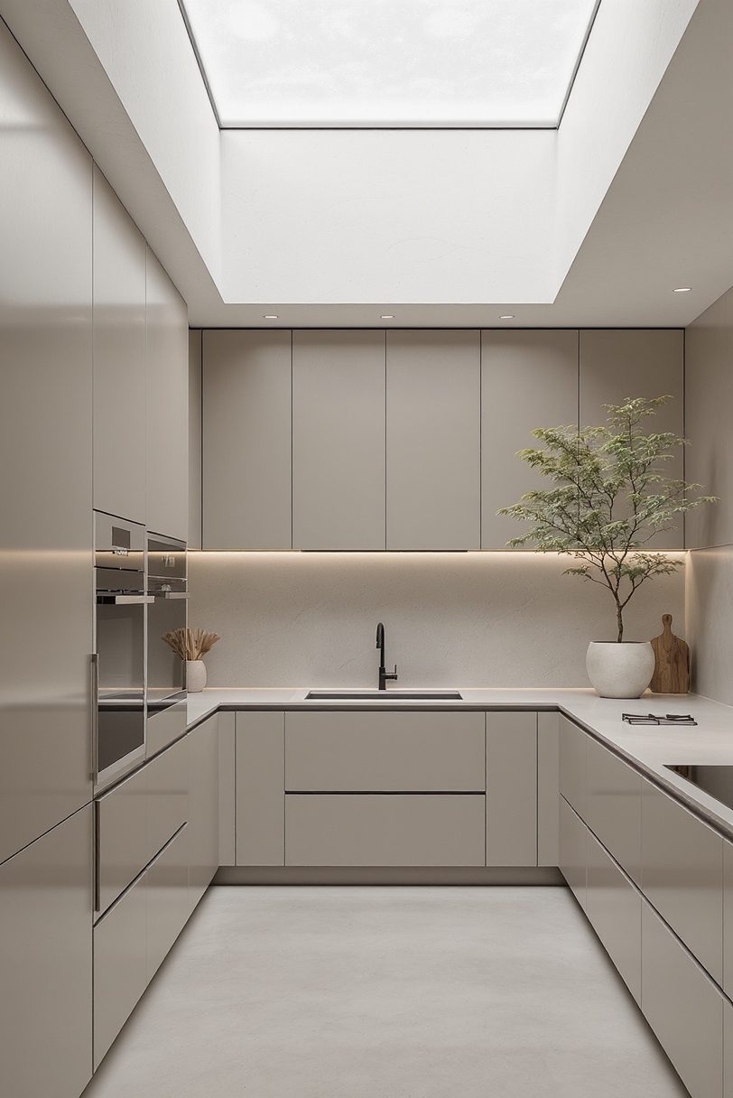 Taupe kitchen cabinets - Zen-Inspired Taupe Kitchen Calm - Minimalist kitchen with smooth taupe cabinets and concrete countertops