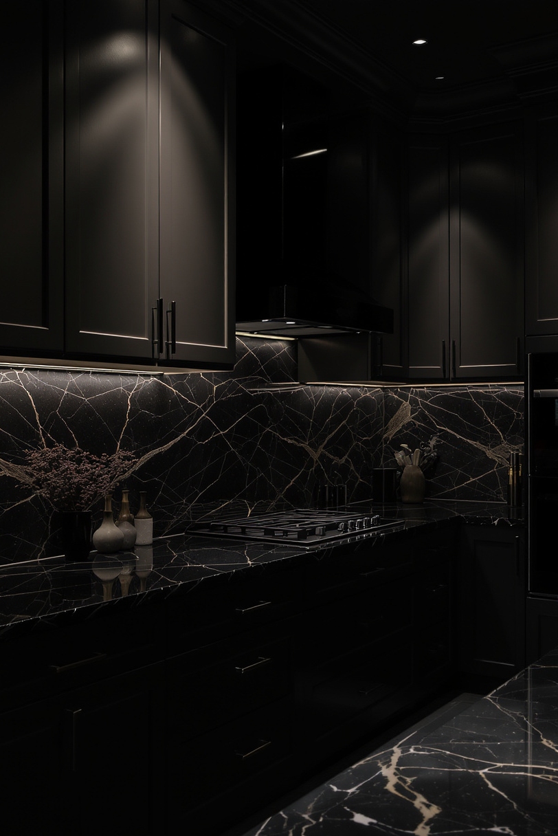 Taupe kitchen cabinets - Deep Taupe Drama with Reflective Surfaces - Kitchen with deep taupe cabinets and mirrored backsplash