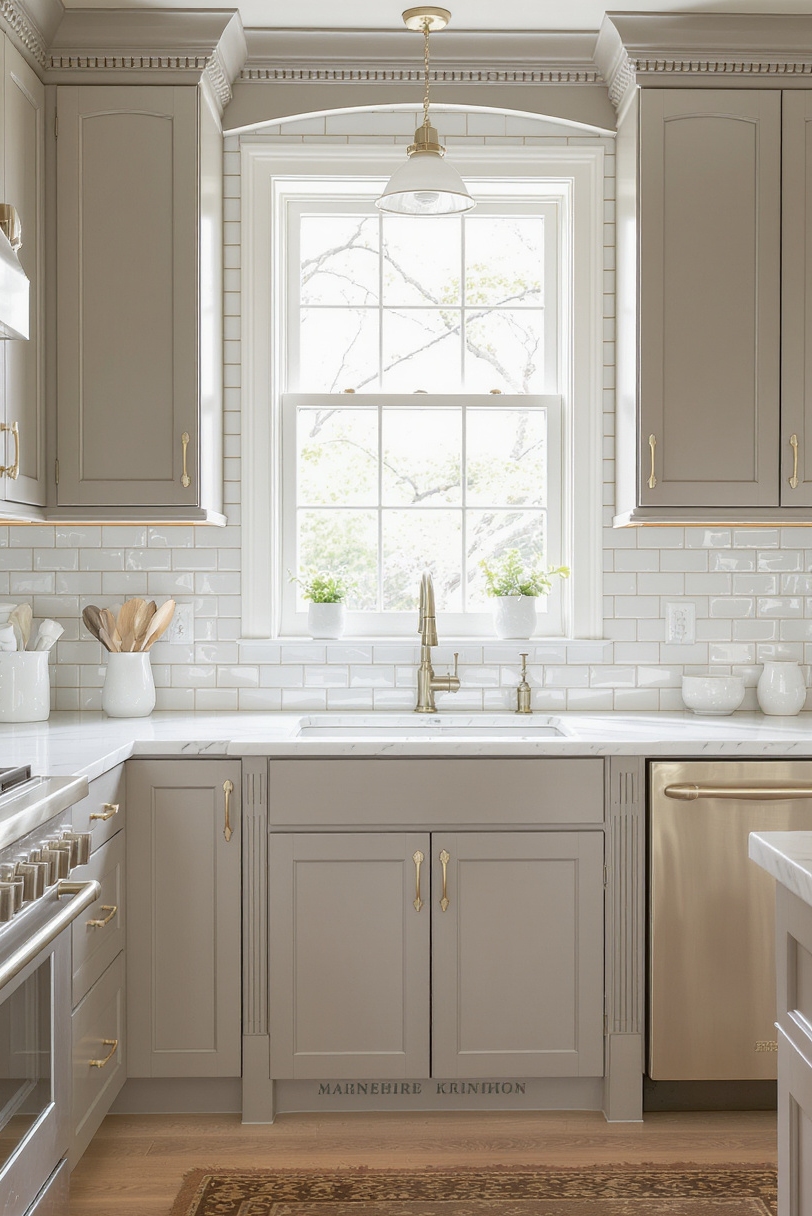 Taupe kitchen cabinets - Timeless Heritage: Taupe Inset Cabinets - Kitchen with taupe inset cabinets and Carrara marble countertops