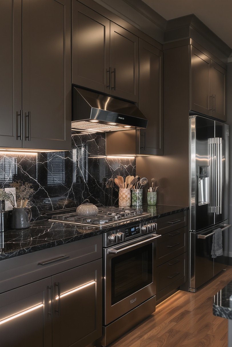 Taupe kitchen cabinets - Masculine Modernity: Deep Taupe and Black Granite - Kitchen with deep taupe cabinets and black granite countertops