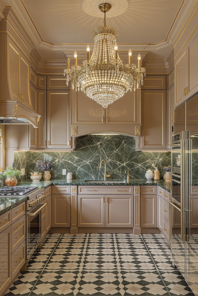 Taupe kitchen cabinets - Art Deco Glamour with Taupe and Jewel Tones - Kitchen with taupe cabinets and emerald marble countertops