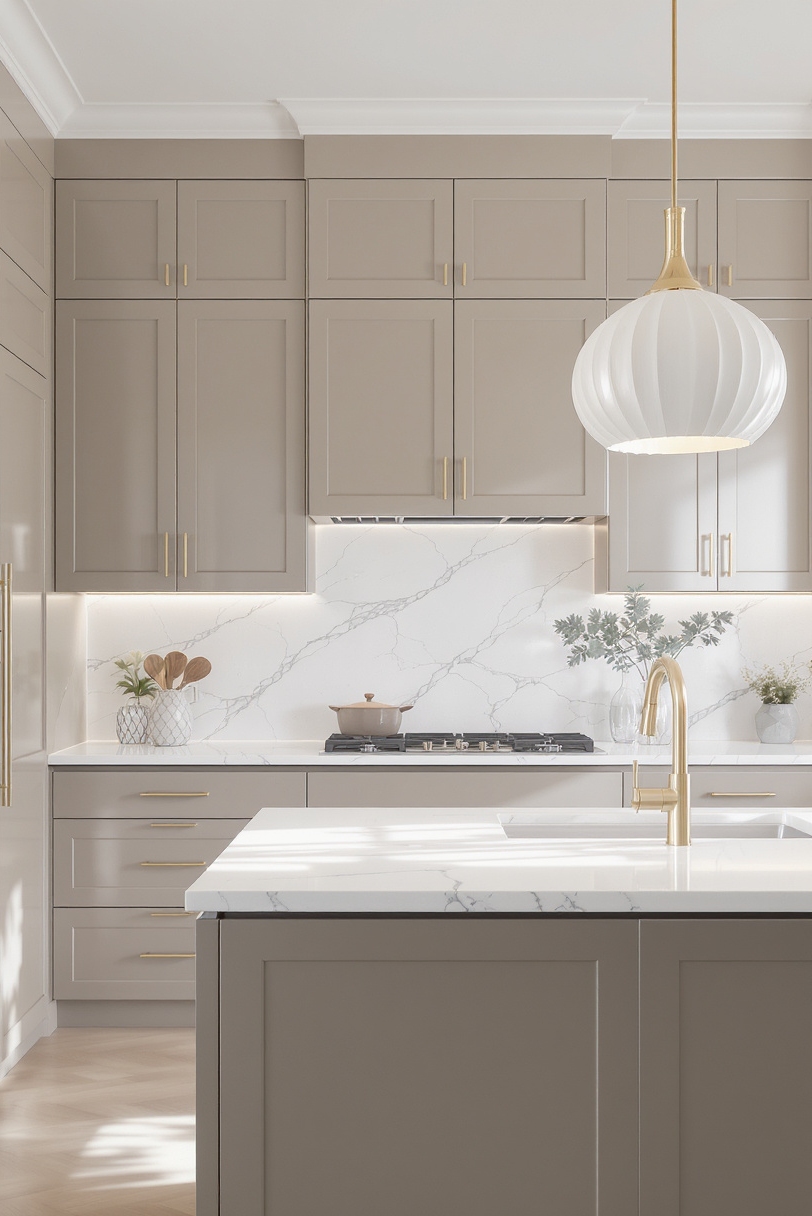 Taupe kitchen cabinets - Elegant Taupe Sanctuary with Marble Accents - Kitchen with taupe inset cabinets and white marble backsplash