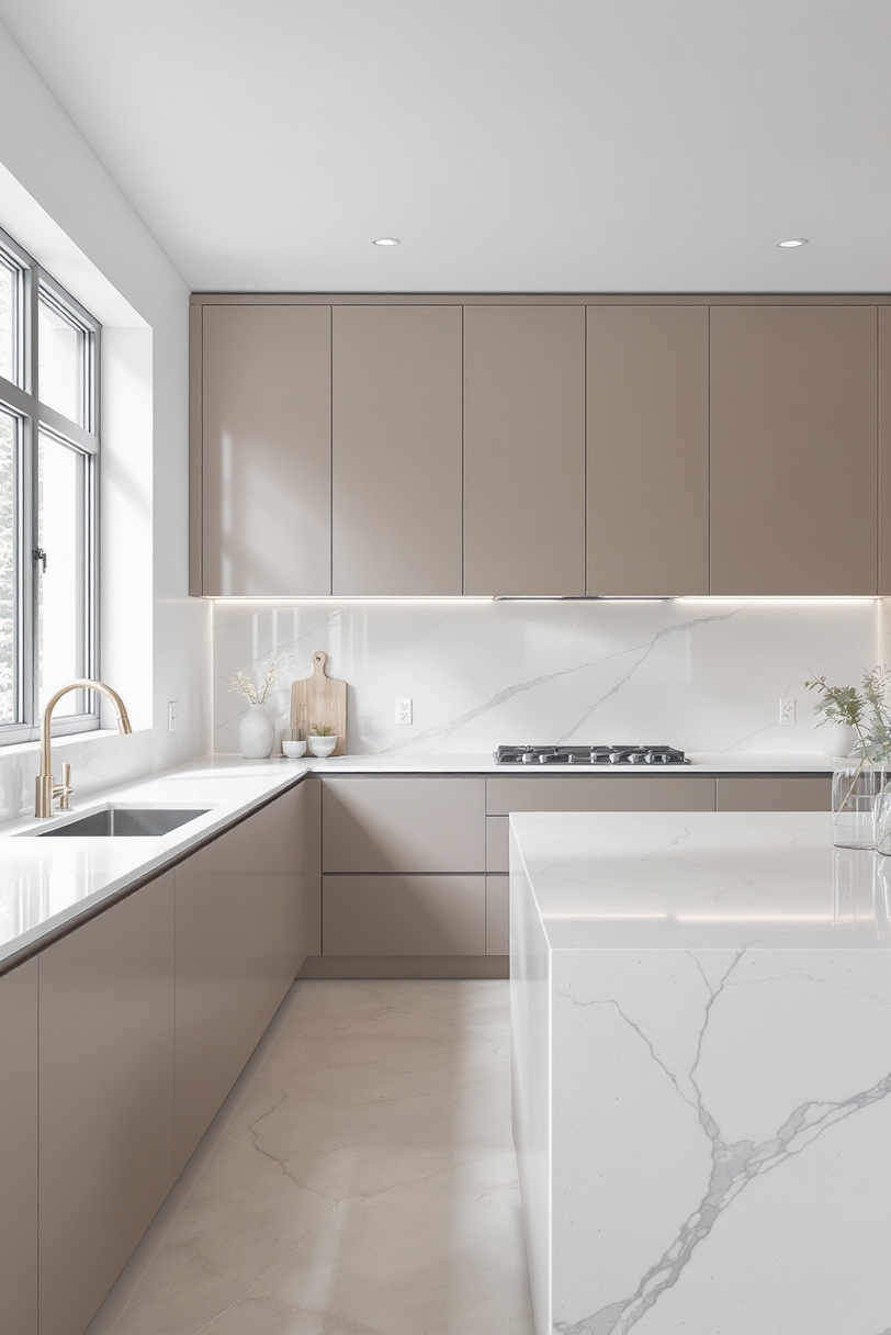 Taupe kitchen cabinets - Minimalist Serenity: Floor-to-Ceiling Taupe Cabinets - Kitchen with taupe slab cabinets and white quartz countertops