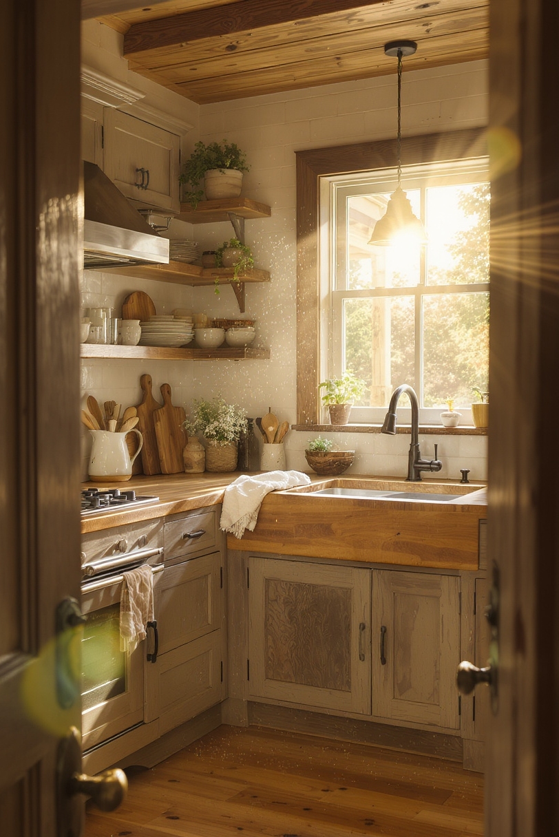 Taupe kitchen cabinets - Rustic Taupe Kitchen with Natural Wood and Vintage Details - Kitchen with distressed taupe cabinets and butcher block countertops