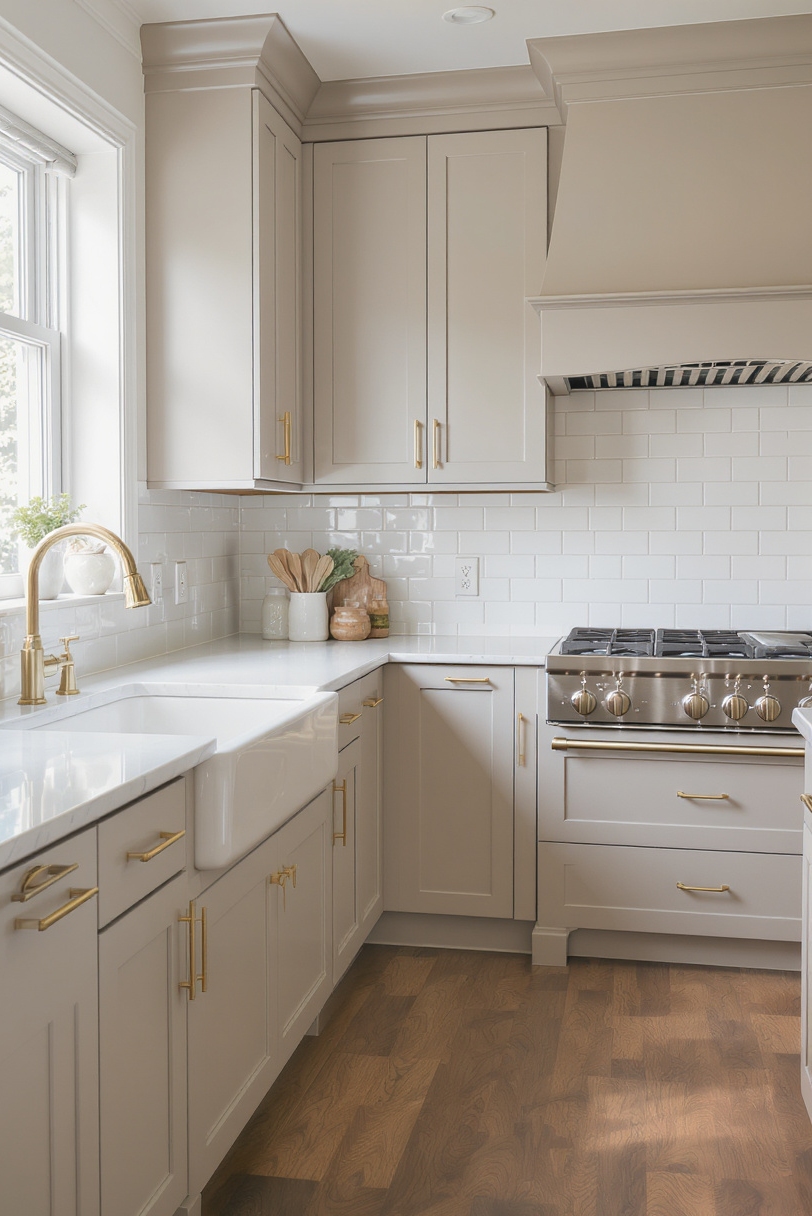 Taupe kitchen cabinets - Classic Comfort with Taupe Shaker Cabinets - Kitchen with taupe shaker cabinets and white subway tile