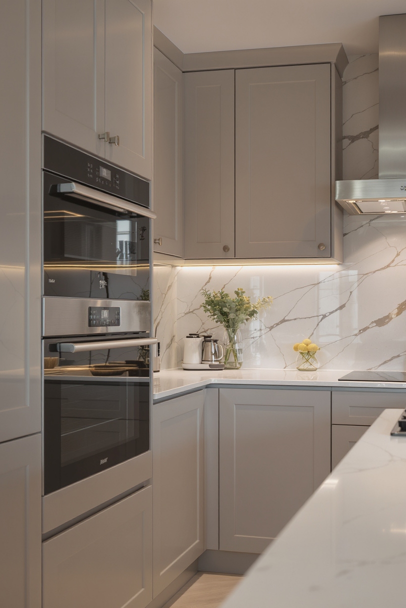 Taupe kitchen cabinets - Streamlined Efficiency with Taupe Cabinets - European-inspired kitchen with taupe cabinets and quartz surfaces