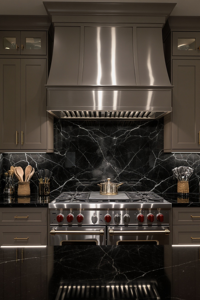 Taupe kitchen cabinets - Professional-Grade Taupe Culinary Spaces - Kitchen with deep taupe cabinets and stainless steel appliances