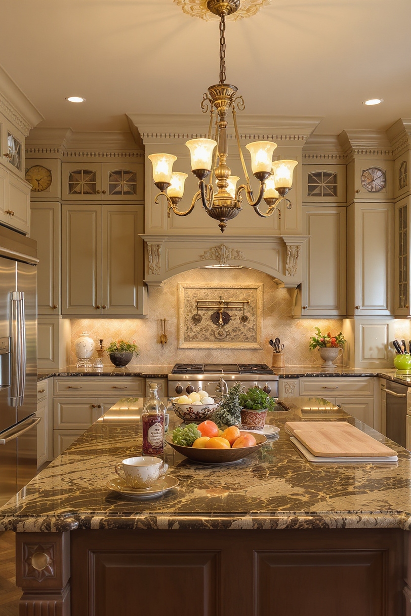 Taupe kitchen cabinets - Opulent Taupe Kitchens with Bronze Accents - Kitchen with taupe cabinets and antique bronze chandelier
