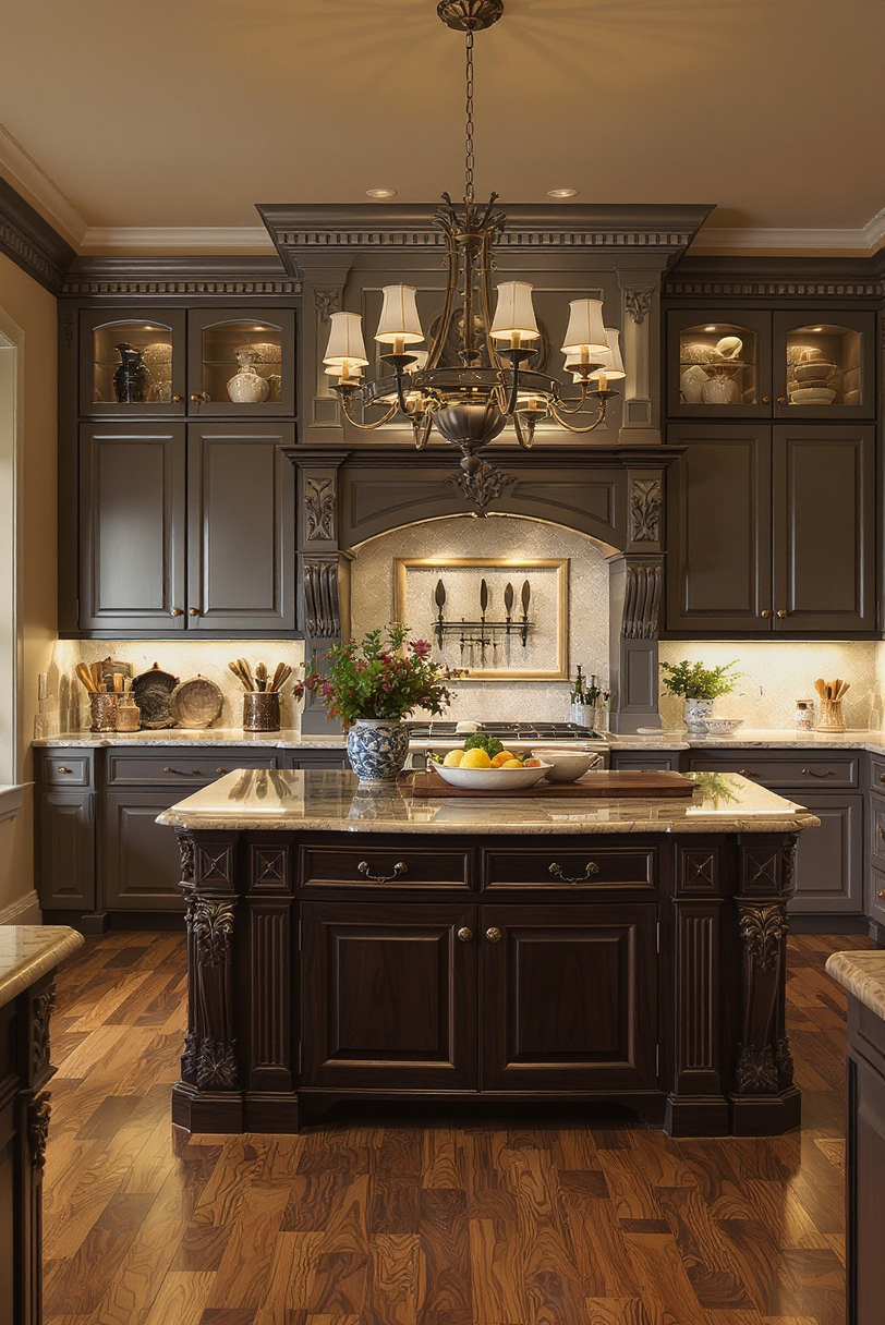Taupe kitchen cabinets - Grand Elegance with Dark Taupe Cabinets - Kitchen with dark taupe cabinets and dark wood island