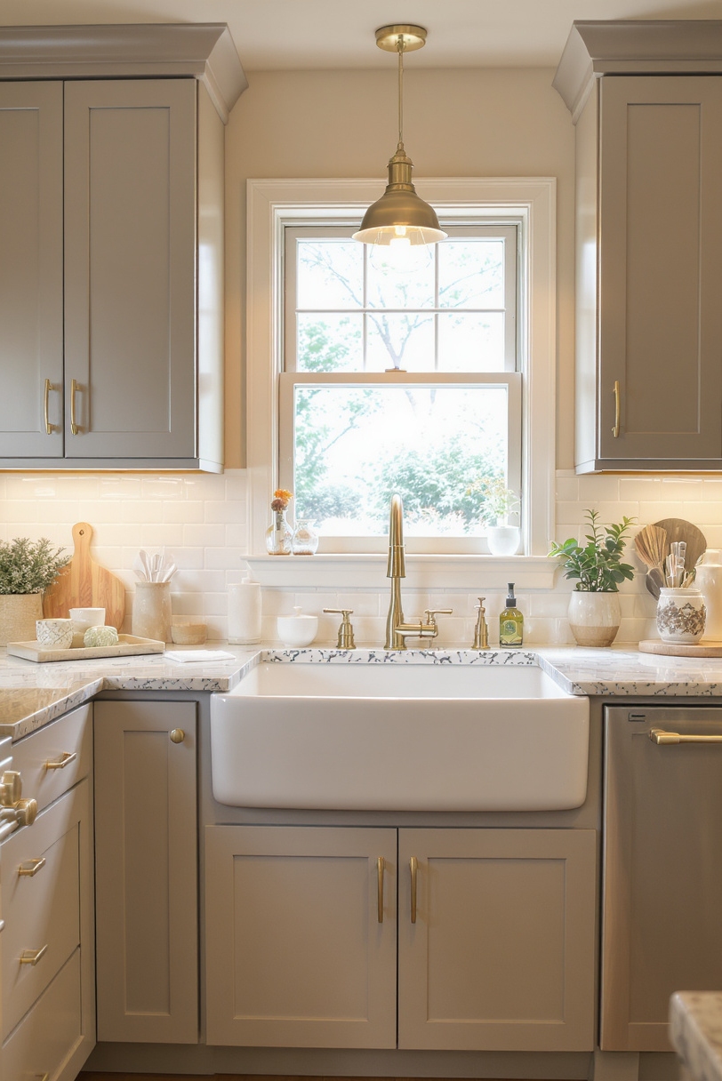 Taupe kitchen cabinets - Warm Transitional Style with Taupe Shaker Cabinets - Kitchen with taupe shaker cabinets and brushed brass hardware