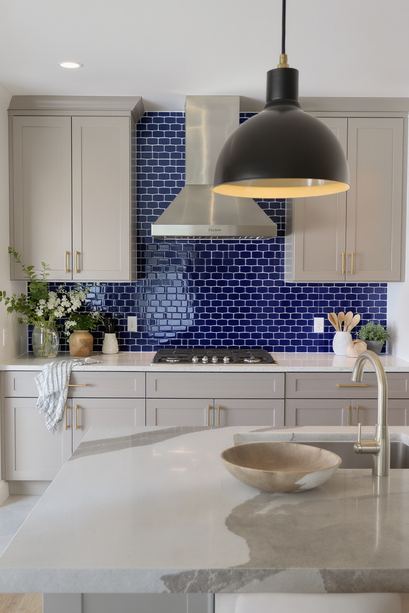 Taupe kitchen cabinets - Balanced Transitional Kitchens with Taupe and Bold Backsplashes - Kitchen with taupe shaker cabinets and blue mosaic backsplash