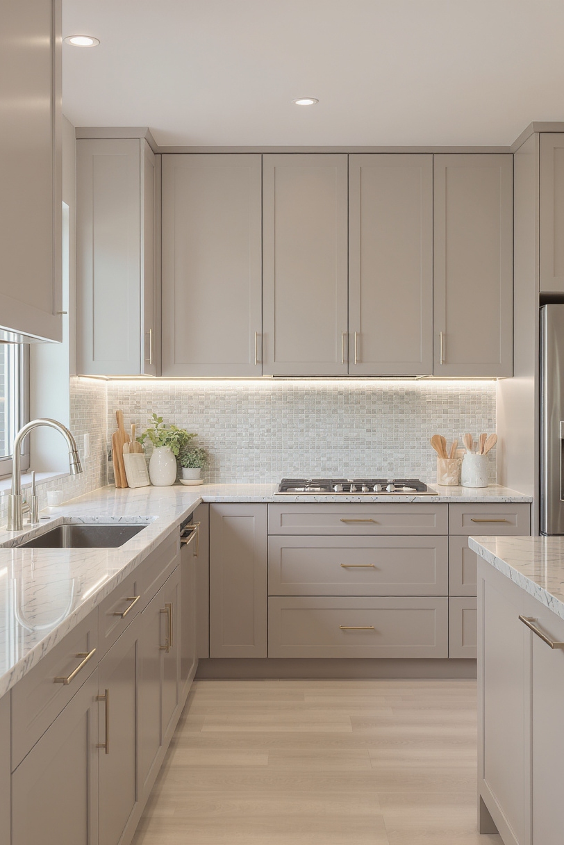 Taupe kitchen cabinets - Sleek Taupe Flat-Panel Kitchens - Kitchen with taupe flat-panel cabinets and light grey quartzite countertops