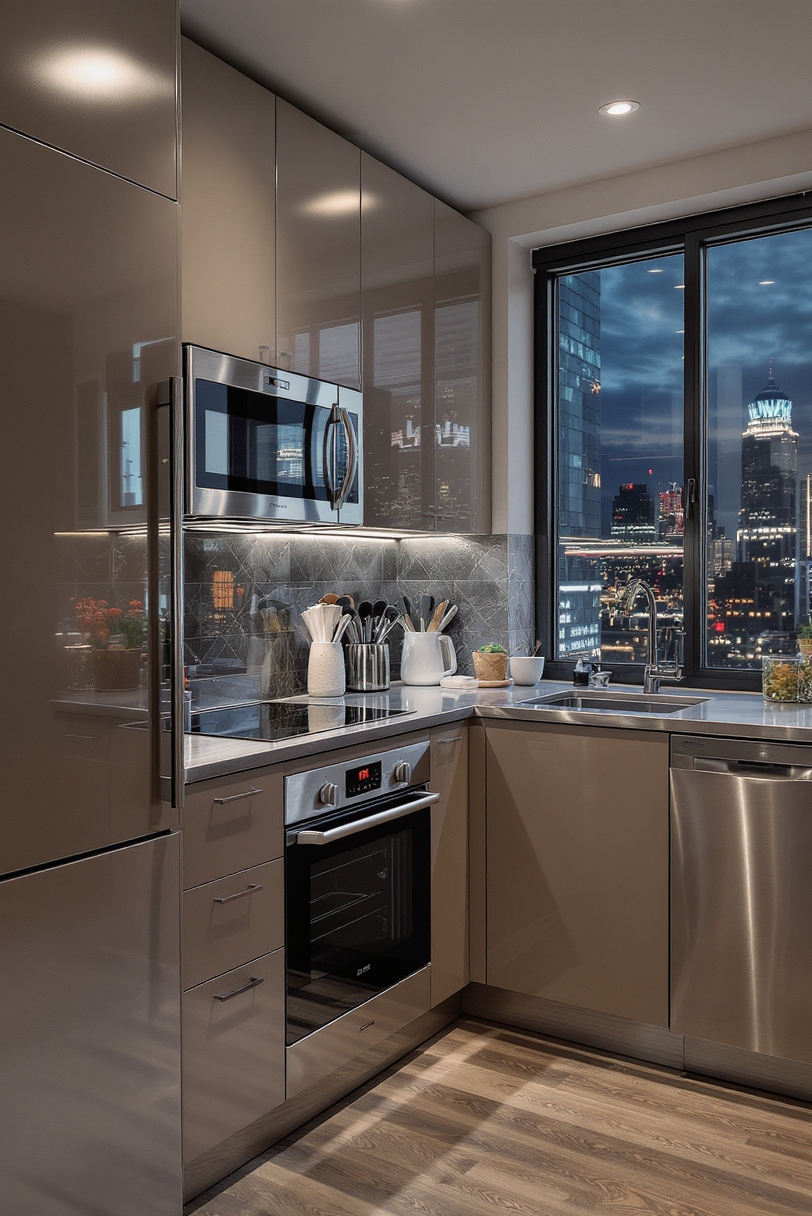 Taupe kitchen cabinets - Urban Sophistication: Taupe Kitchens for City Living - Kitchen with taupe cabinets and stainless steel countertops