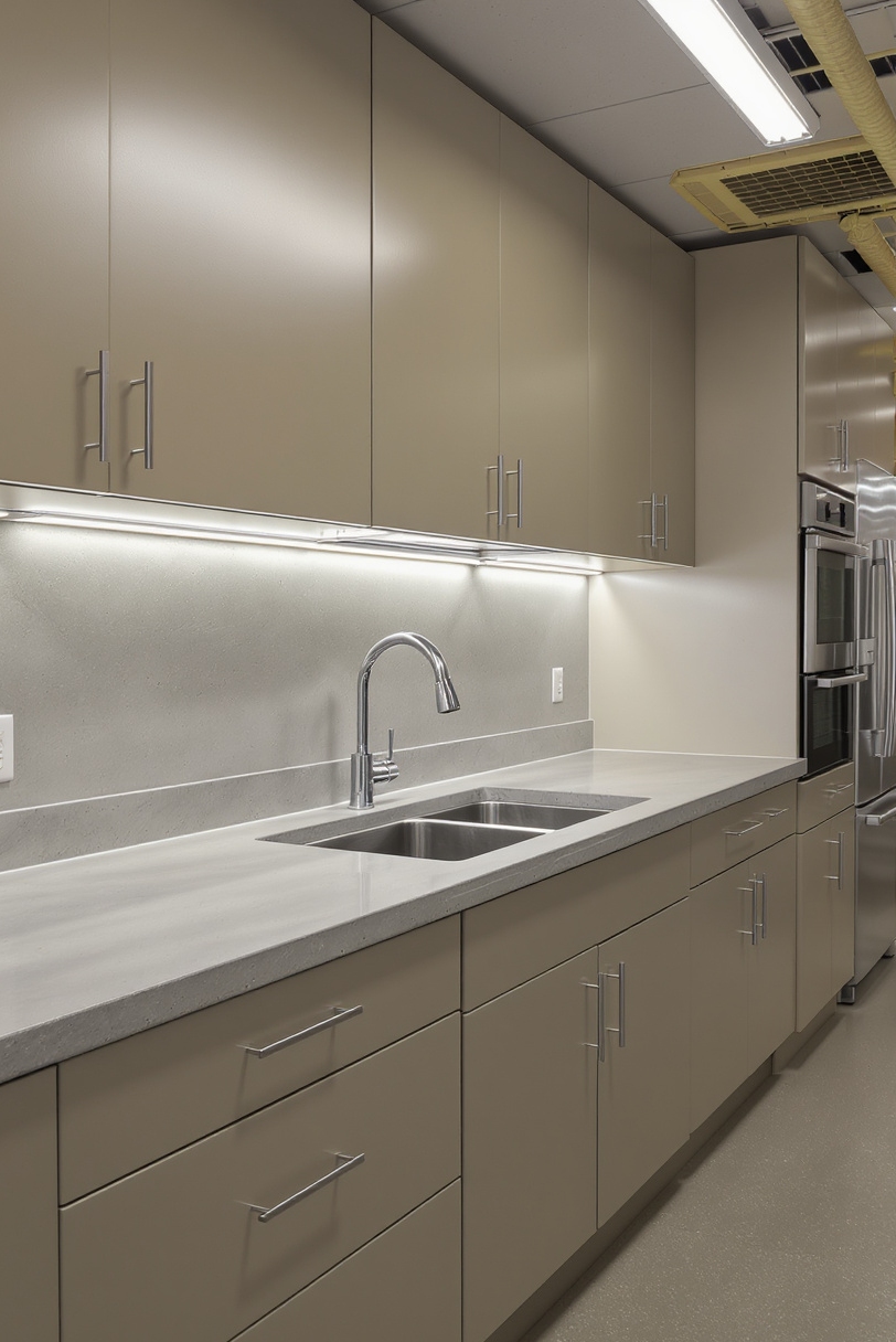 Taupe kitchen cabinets - Durable Taupe Laminate Kitchens Built for Function - Kitchen with taupe laminate cabinets and concrete countertops