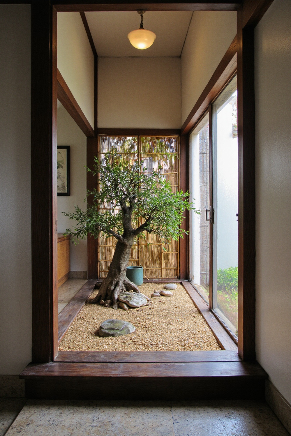 end of hallway decor - Creating a Tranquil Zen Retreat - A hallway ends with a peaceful Asian-inspired vignette...