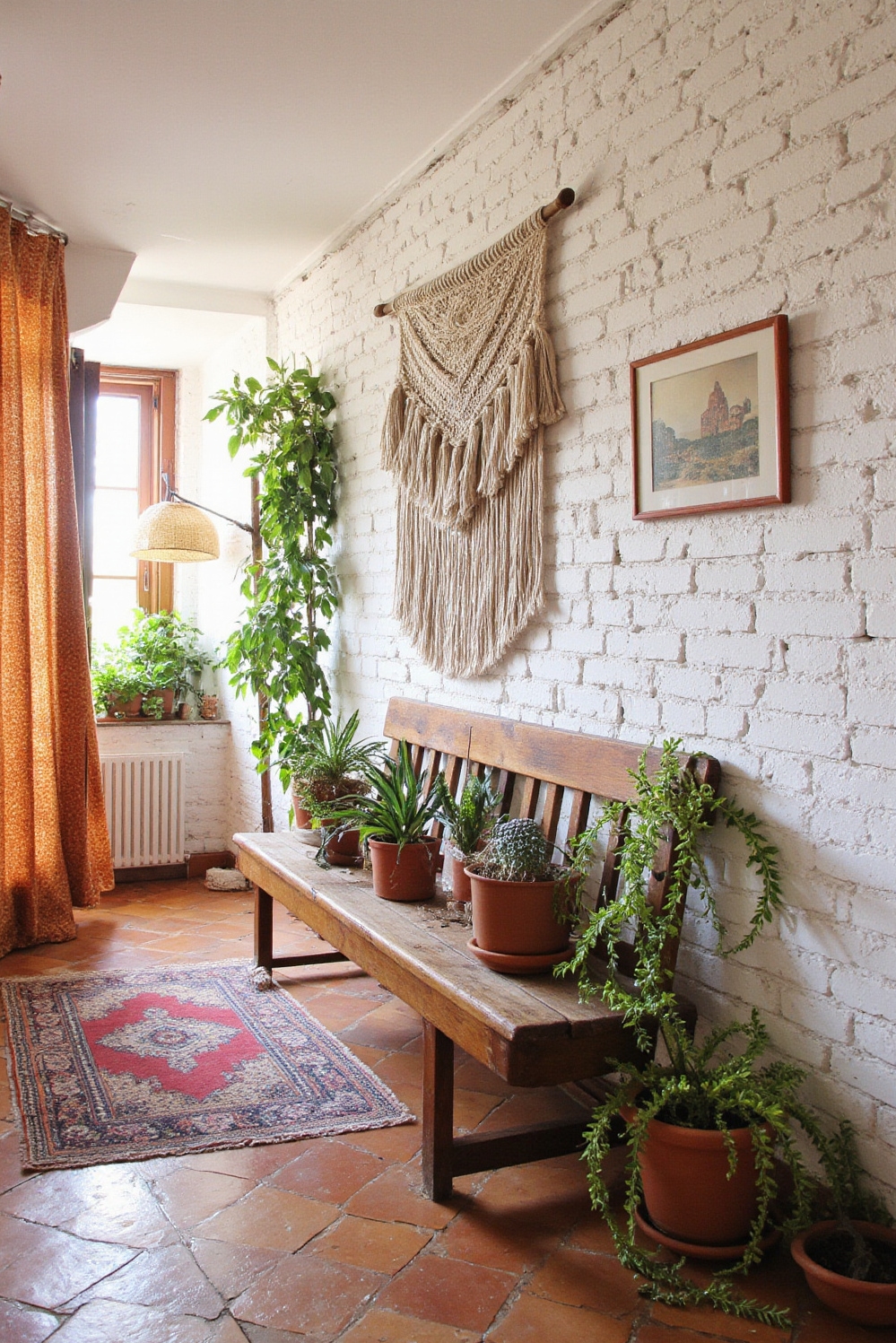 end of hallway decor - Eclectic Global Vibes for Your Hallway - Whitewashed brick and macrame tapestry...