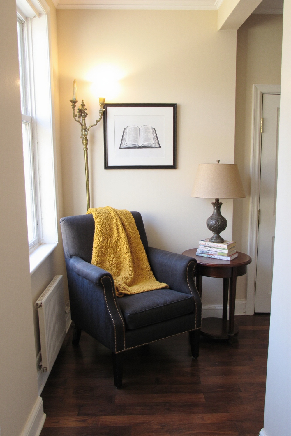 end of hallway decor - Cozy Reading Nook - Charcoal armchair with mustard throw and side table...