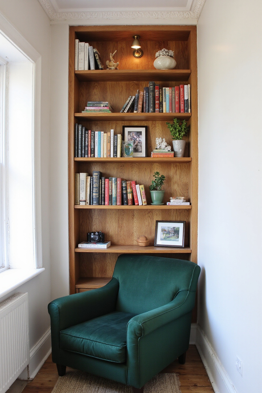 end of hallway decor - Personal Library - Built-in bookshelf with velvet armchair and brass sconce...