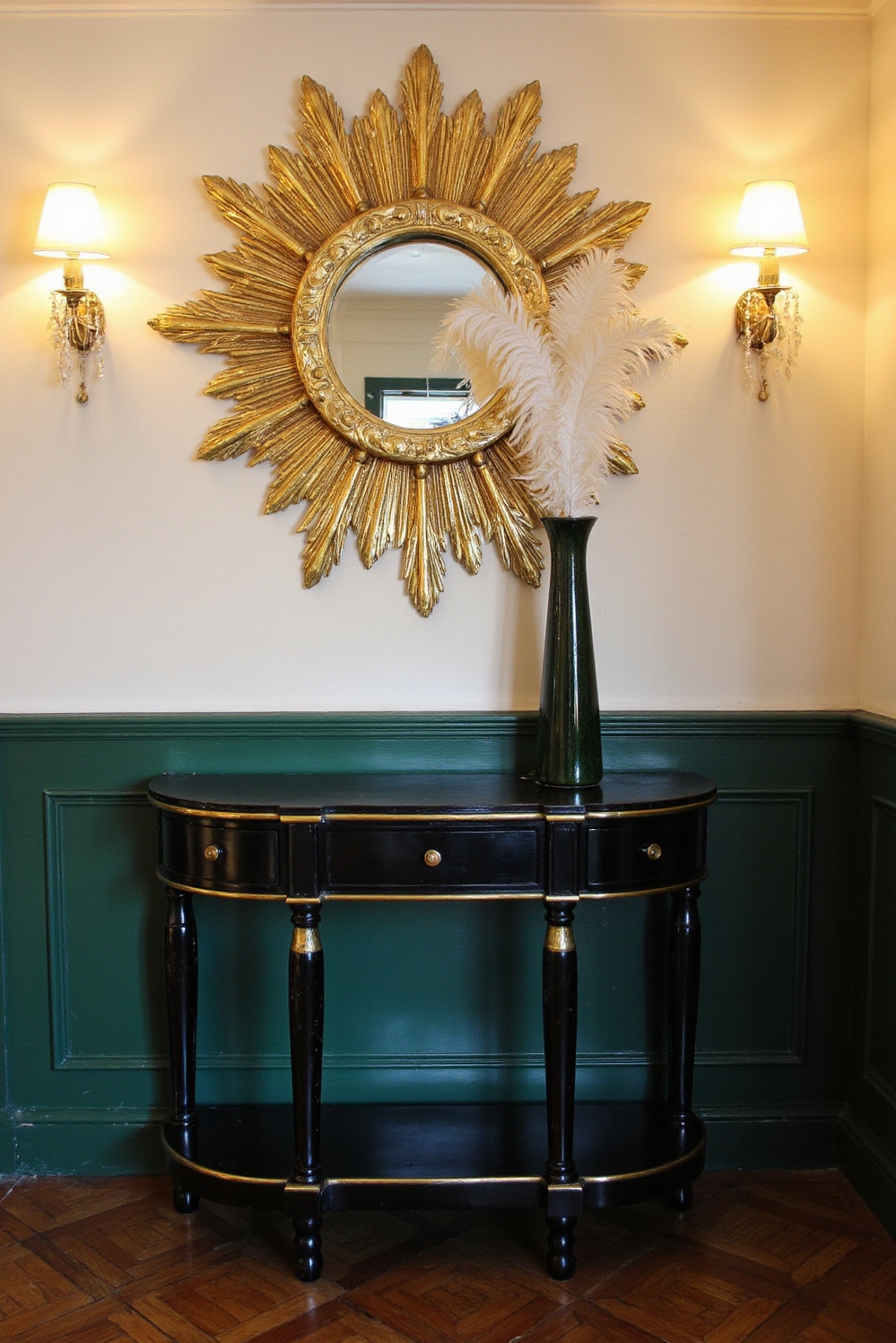end of hallway decor - Art Deco Glamour - Emerald green, gold accents, sunburst mirror and ostrich feathers...