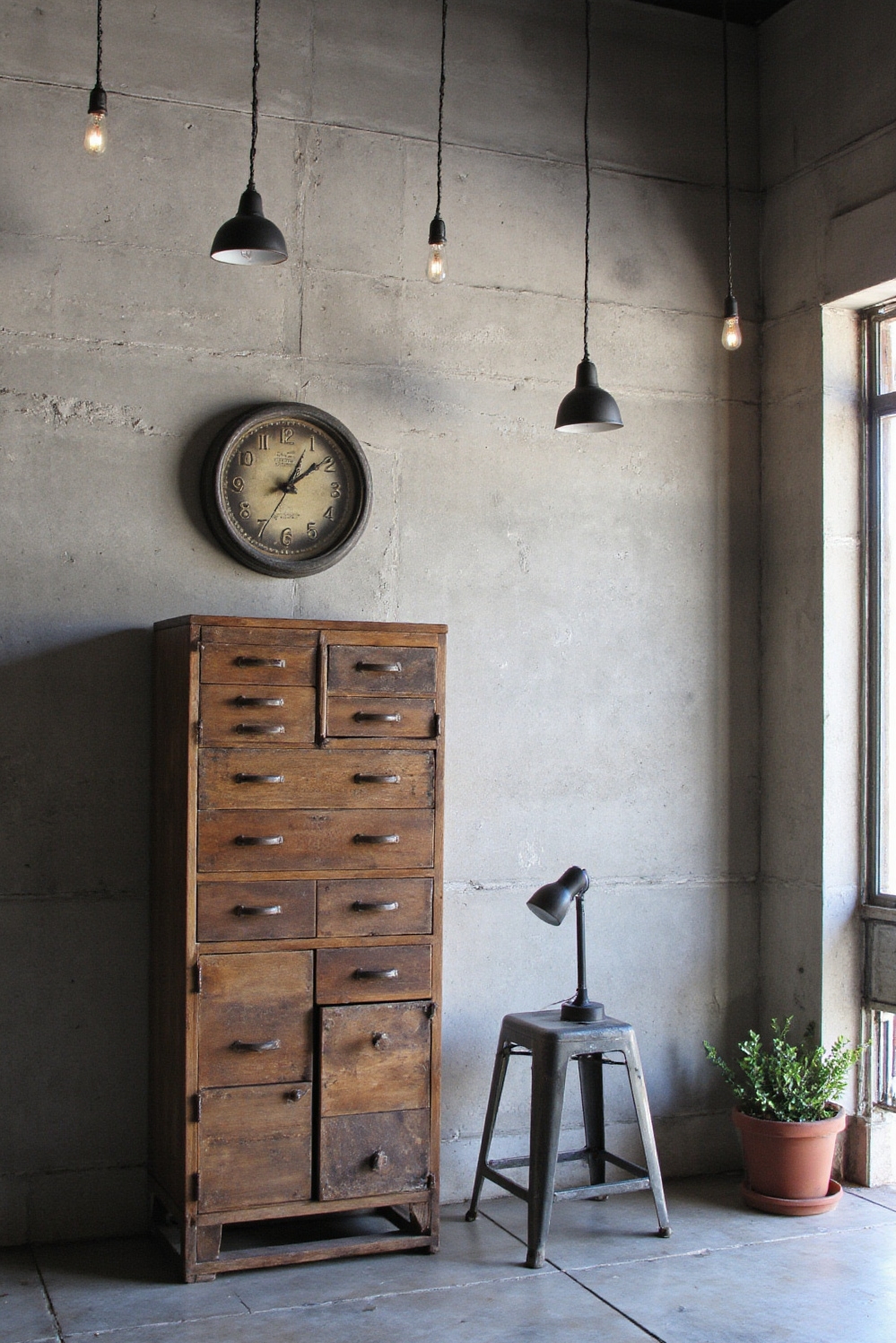 end of hallway decor - Industrial Style - Reclaimed wood cabinet, metal stool, exposed bulb lighting...