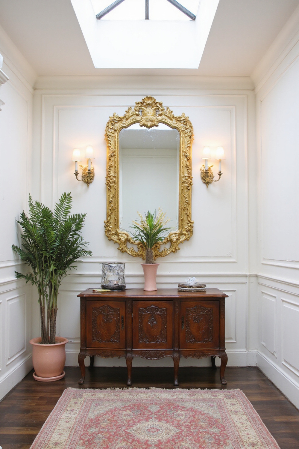 end of hallway decor - Grand Millennial - White paneling, vintage mahogany console, brass sconces...