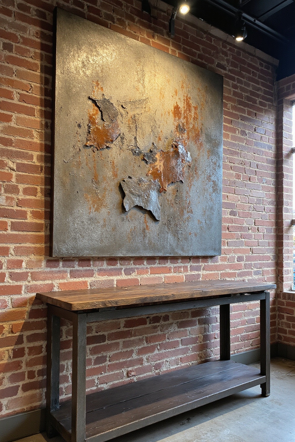 end of hallway decor - Industrial Loft - Exposed brick, steel console, abstract metal art...