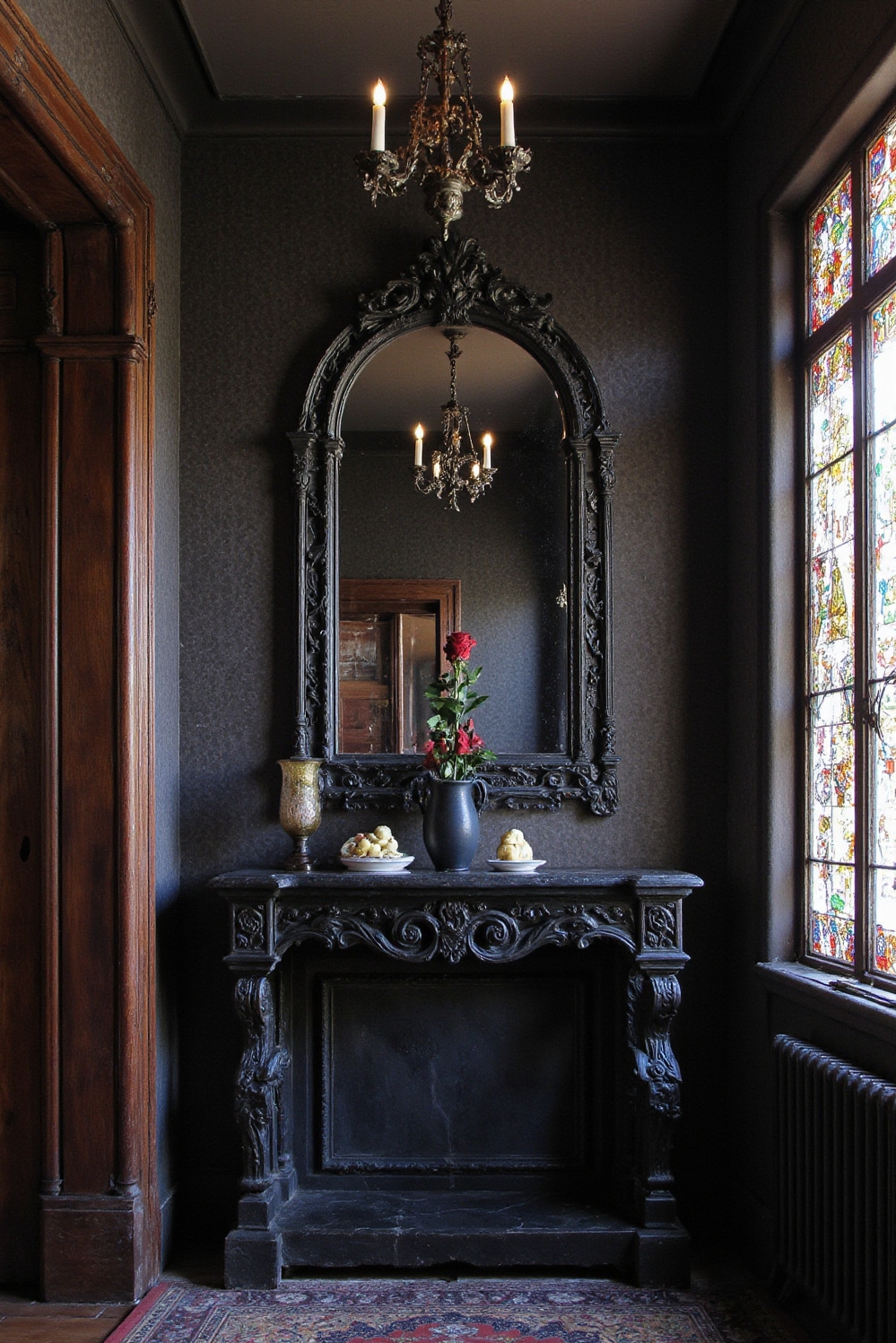 end of hallway decor - Gothic Revival - Crimson accents, wrought iron chandelier, and ornate mirror...