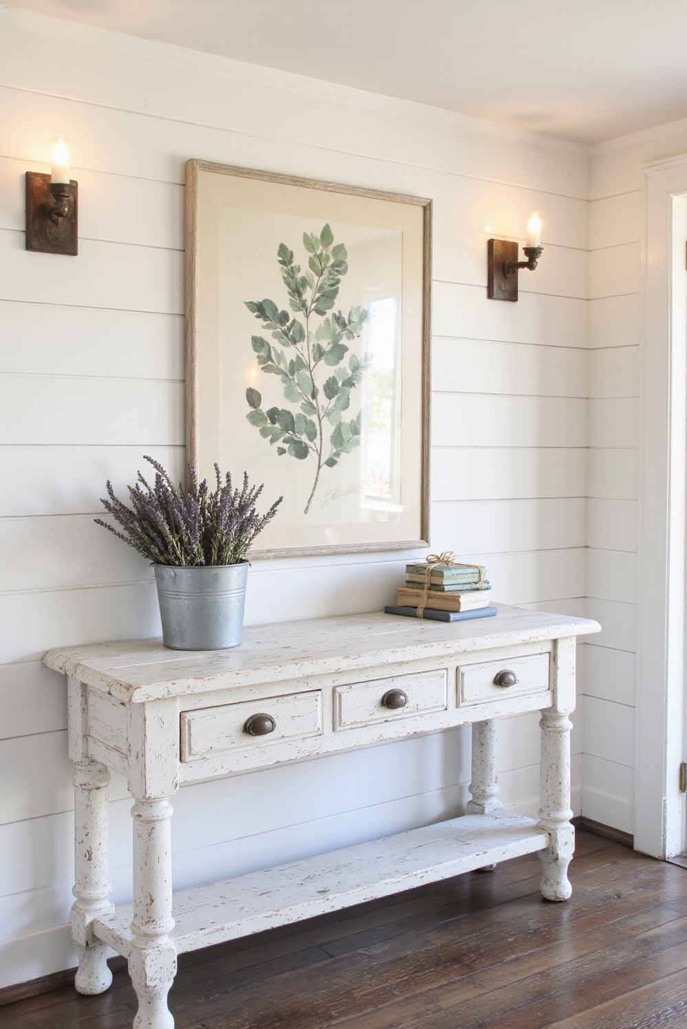 end of hallway decor - Rustic Farmhouse - White shiplap, weathered console, dried lavender...
