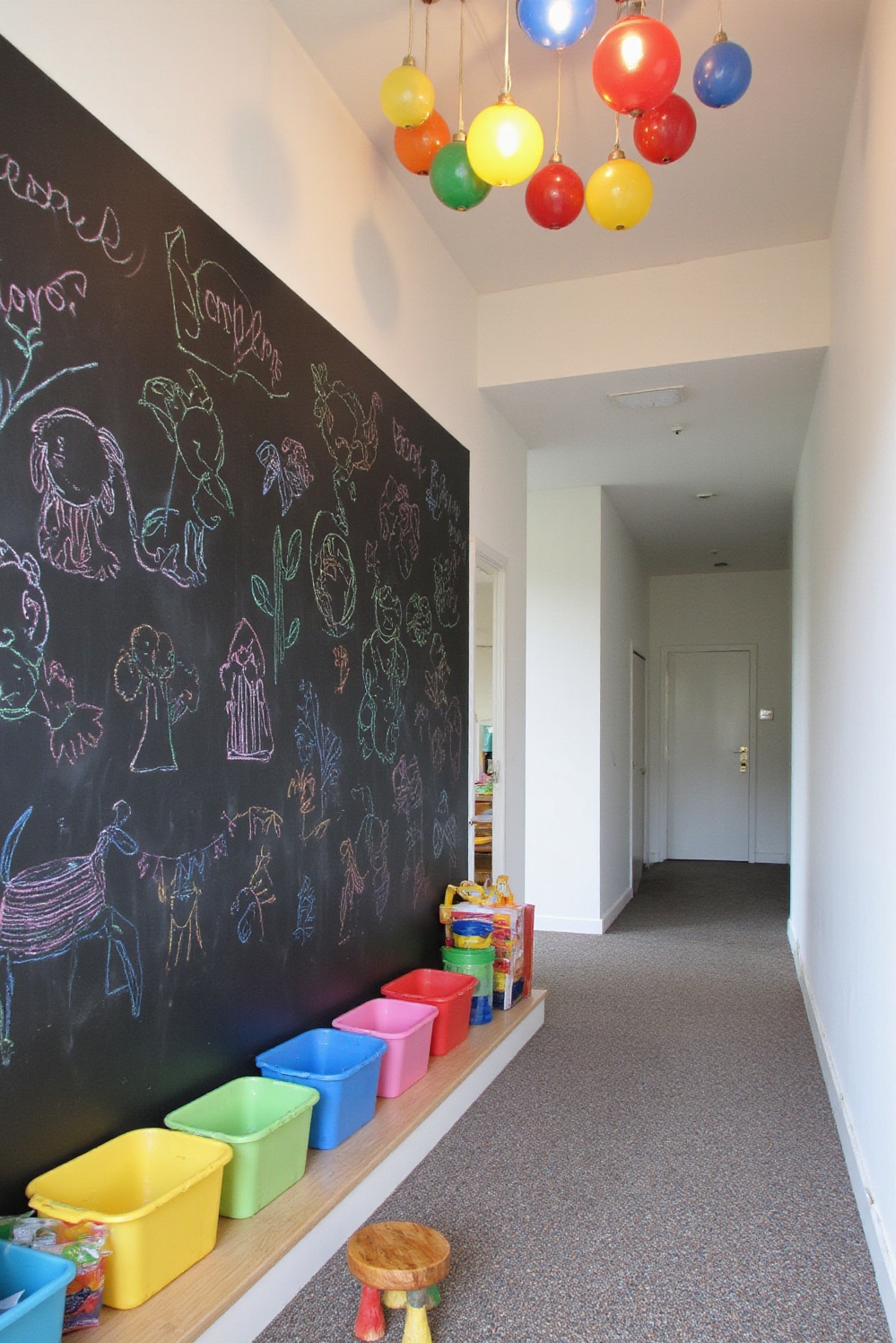 end of hallway decor - Chalkboard Wall - Colorful chalk drawings, globe pendants, storage bins...