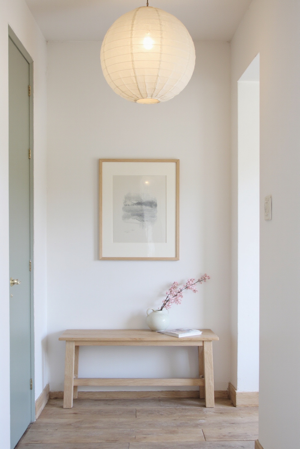 end of hallway decor - Calm Hallway Welcome - Paper lantern, pale oak bench, minimalist art...