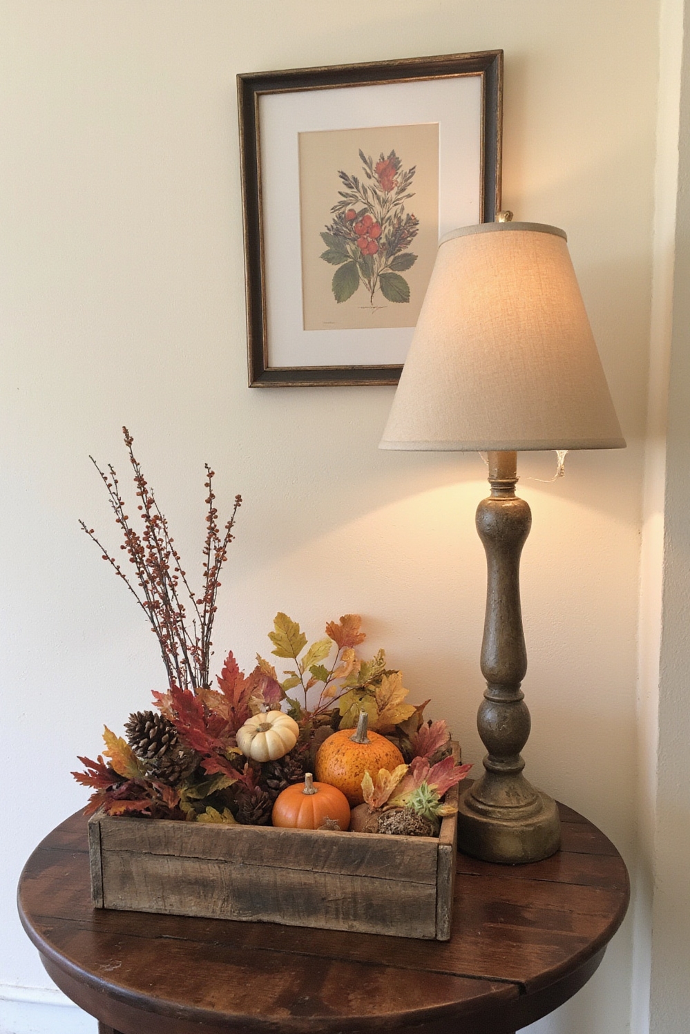 end of hallway decor - Seasonal Display - Antique side table with autumnal decor and botanical print...