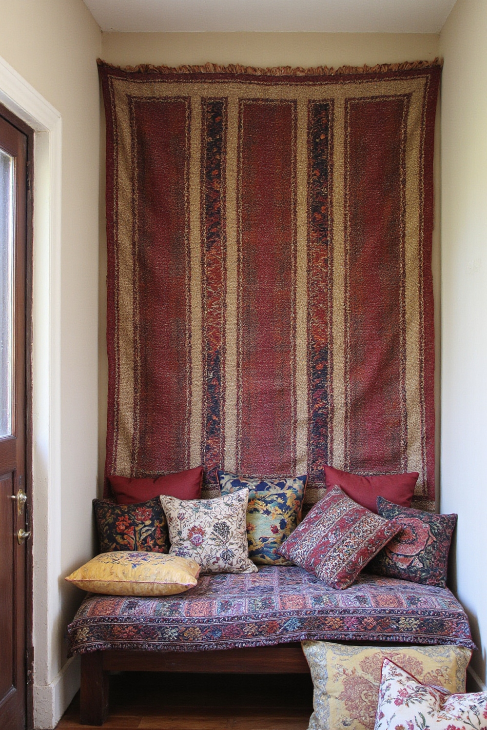 end of hallway decor - Global Textiles - Kilim rug, embroidered pillows, dark wood bench...