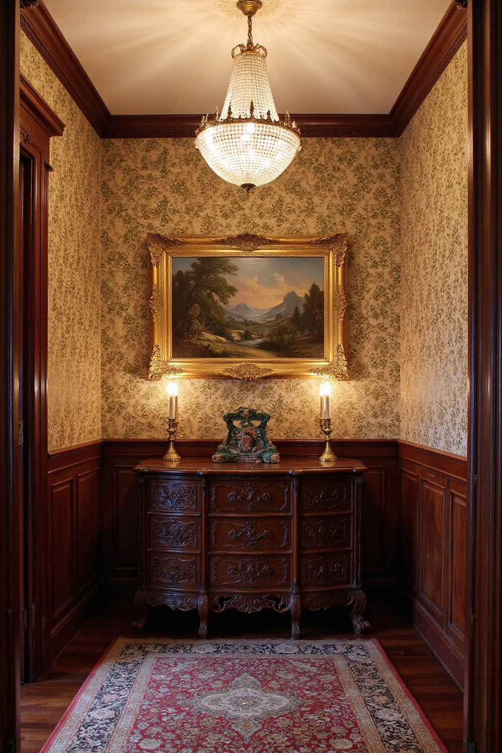 end of hallway decor - Opulent Hallway - Burgundy and gold tones, mahogany chest, gilded frame...