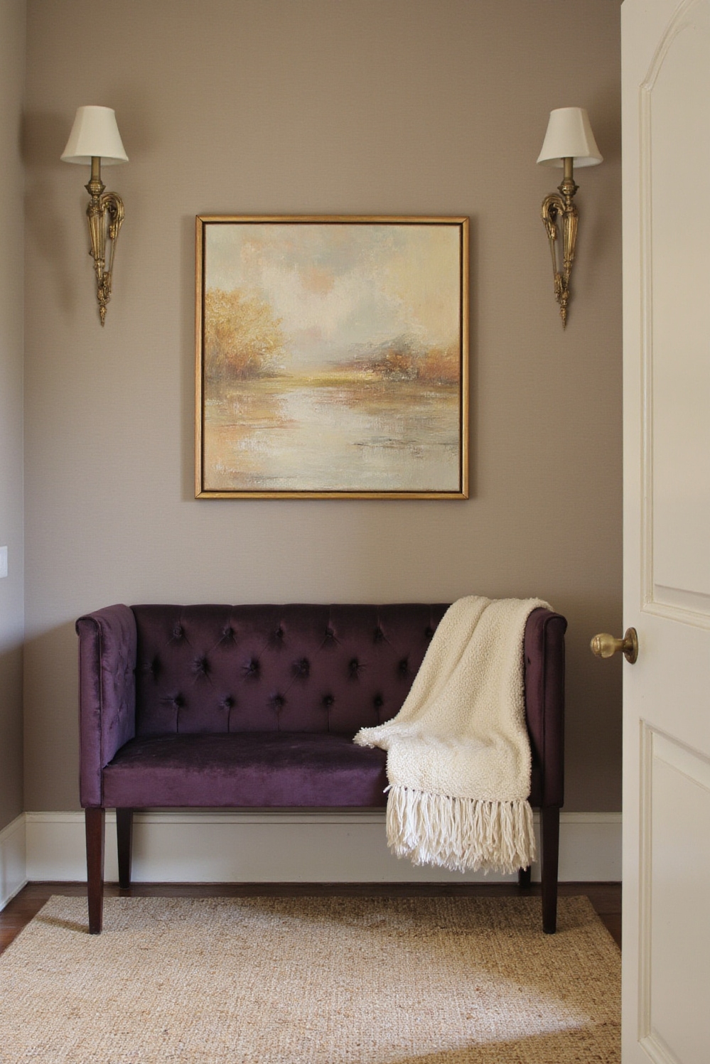 end of hallway decor - Refined Comfort - Plum velvet bench, abstract painting, wall sconces...
