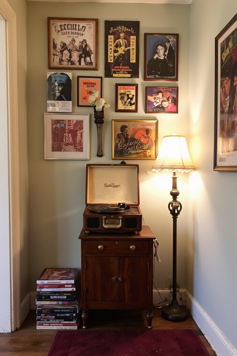 end of hallway decor - Vintage Vinyl - Mid-century record player, vinyl stack, framed album art...