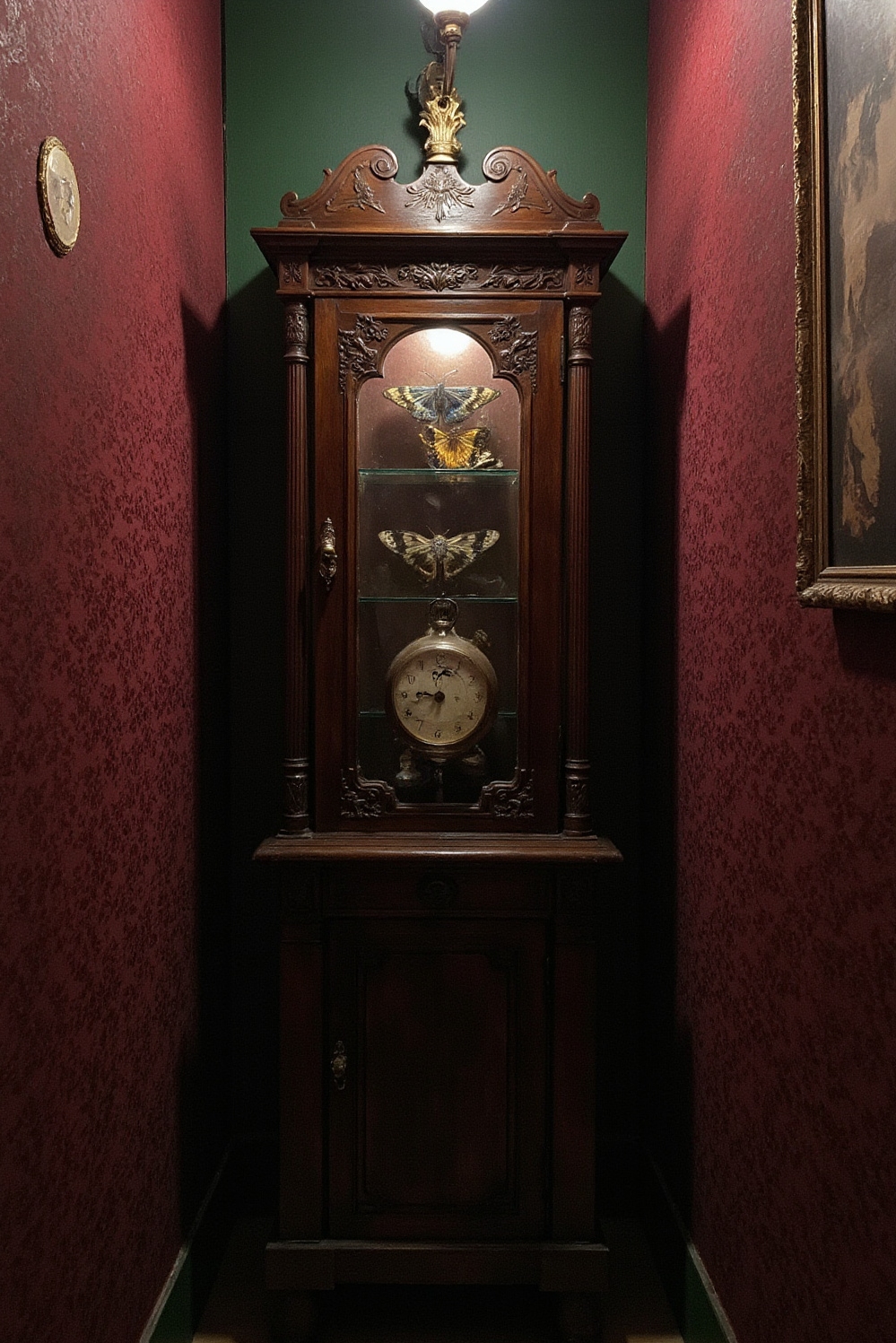 end of hallway decor - Enigmatic Display - Walnut cabinet, antique treasures, brass sconce...