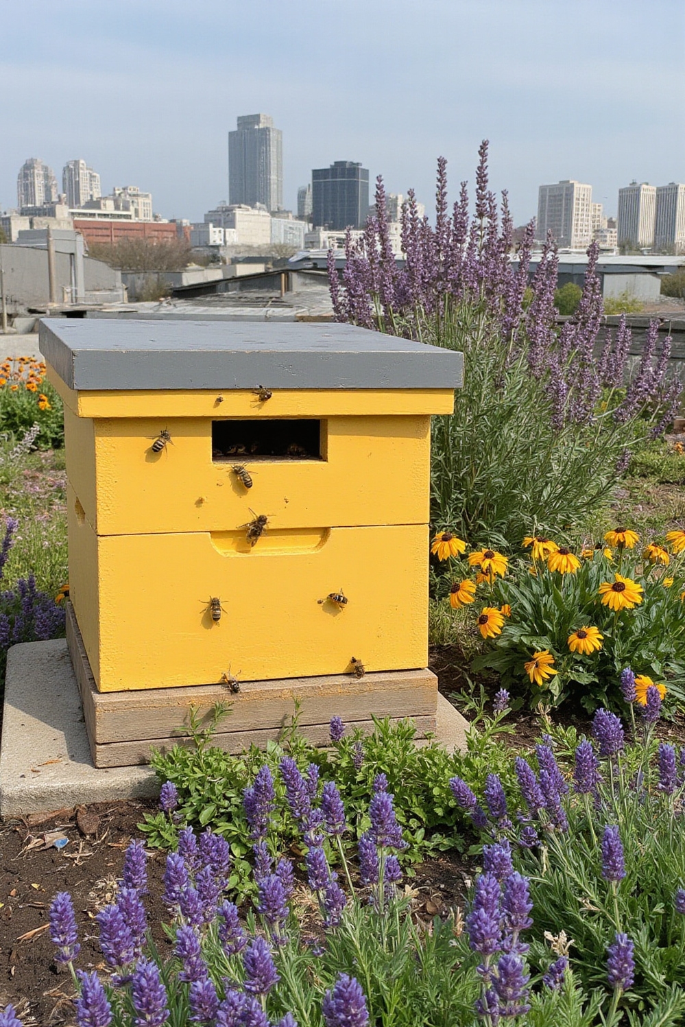 urban garden ideas - Rooftop Blooms: Urban Pollinator Paradise - Sunlight bathes a rooftop apiary, illuminating a beautifully...