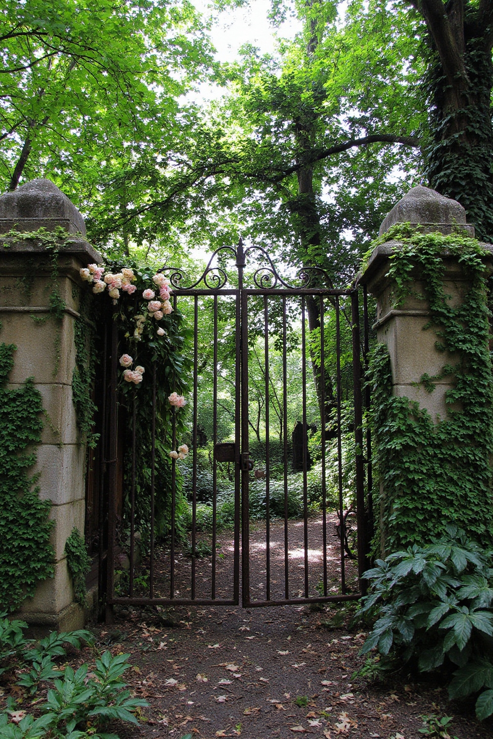 urban garden ideas - Beyond The Garden Gate - Sunlight dapples through a thick tree canopy, illuminating...