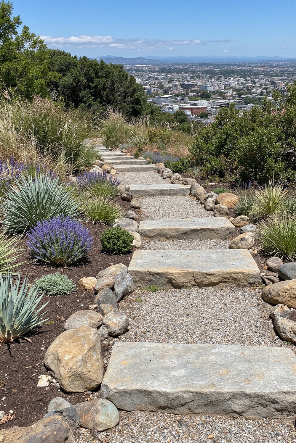 urban garden ideas - Conquering Steep Urban Terrain - Sunlight blasts a steep urban slope, revealing a...